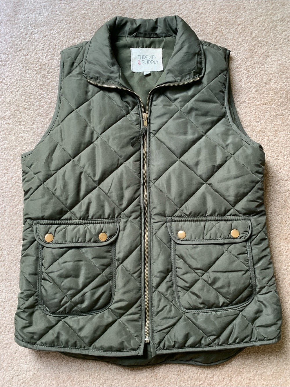 Thread & Supply Olive Quilted Zip-Front Vest